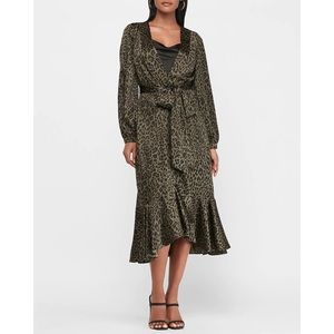 . NWT Express Satin Leopard Print Belted Wrap Dress